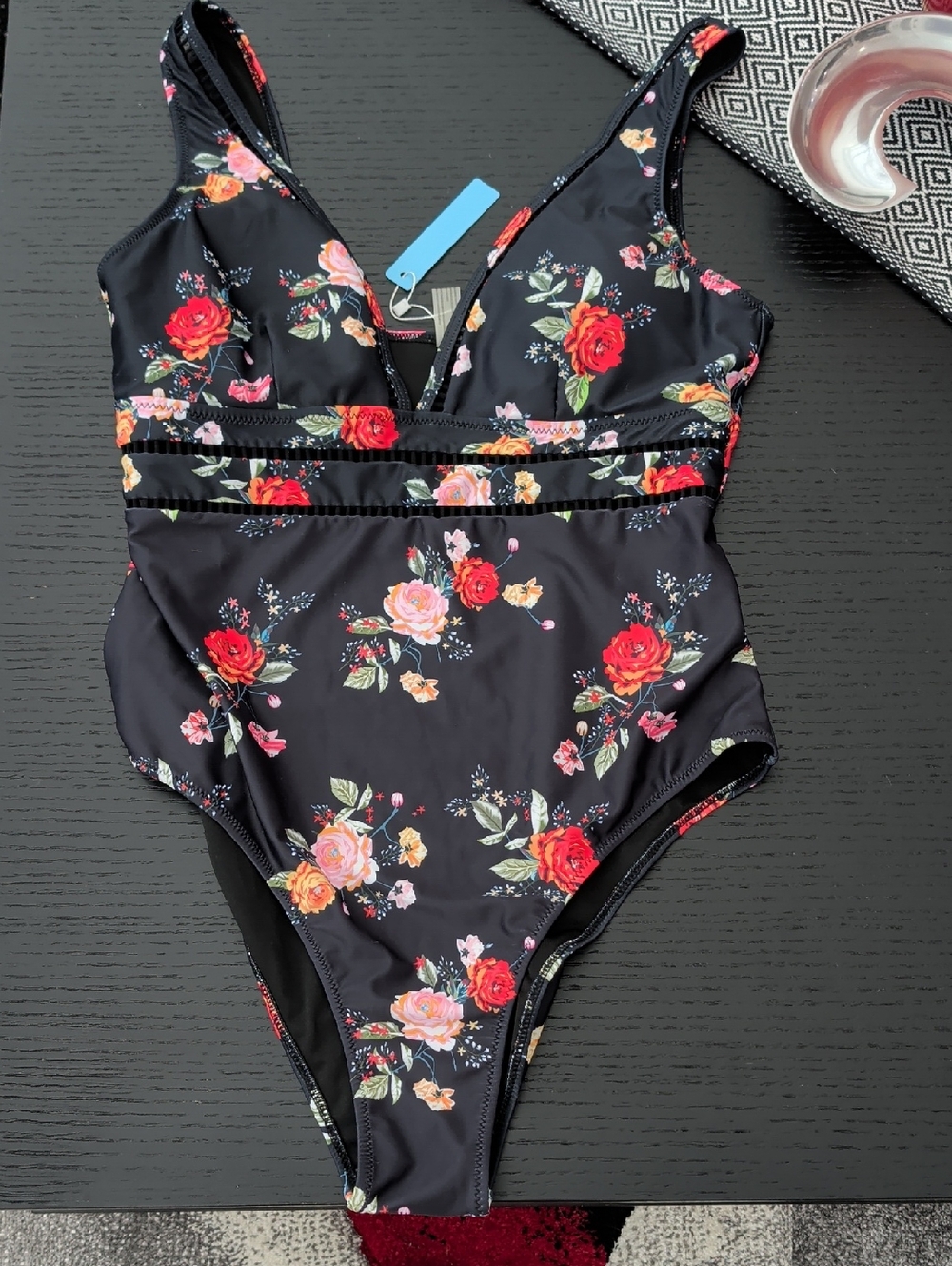 New Floral Print on Black One Piece Swimsuit LIVE LIFE ON THE BEACH XXL Bathing
